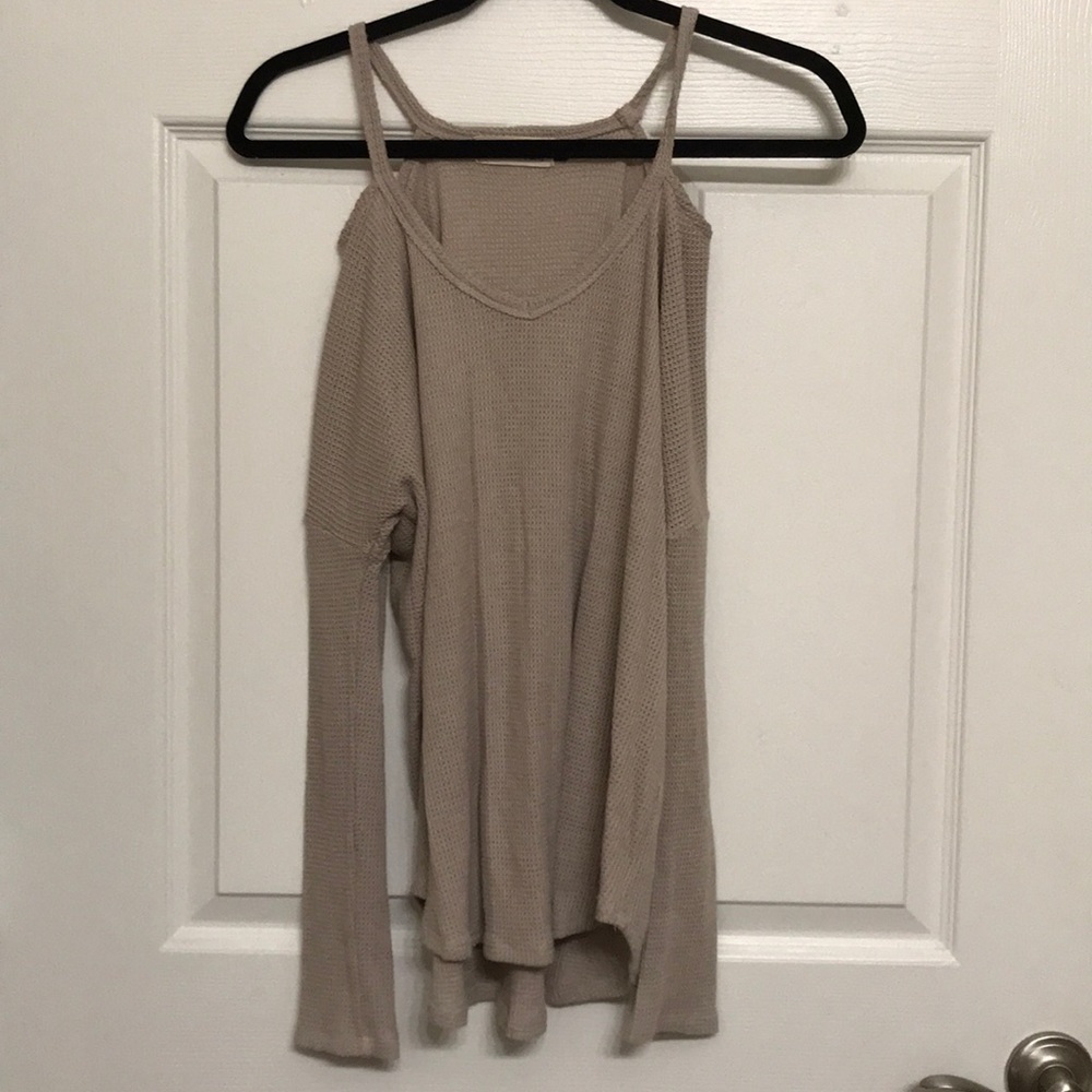 Tan cold shoulder waffle knit top